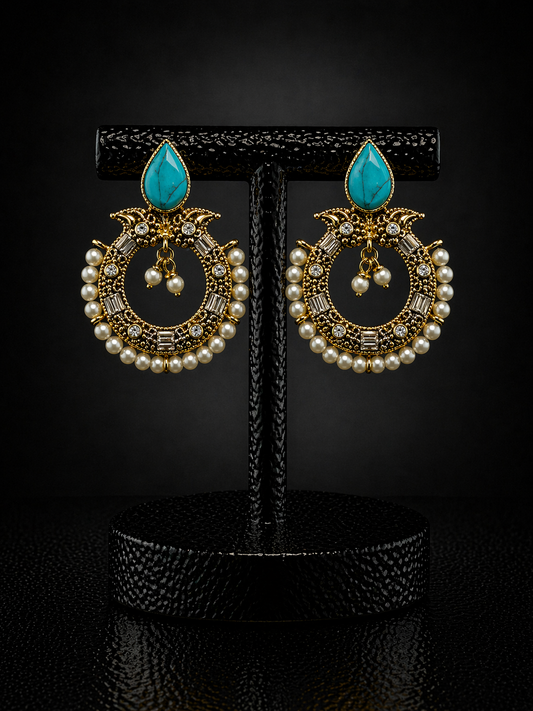 Royal Turquoise Pearl Chandbali Earrings