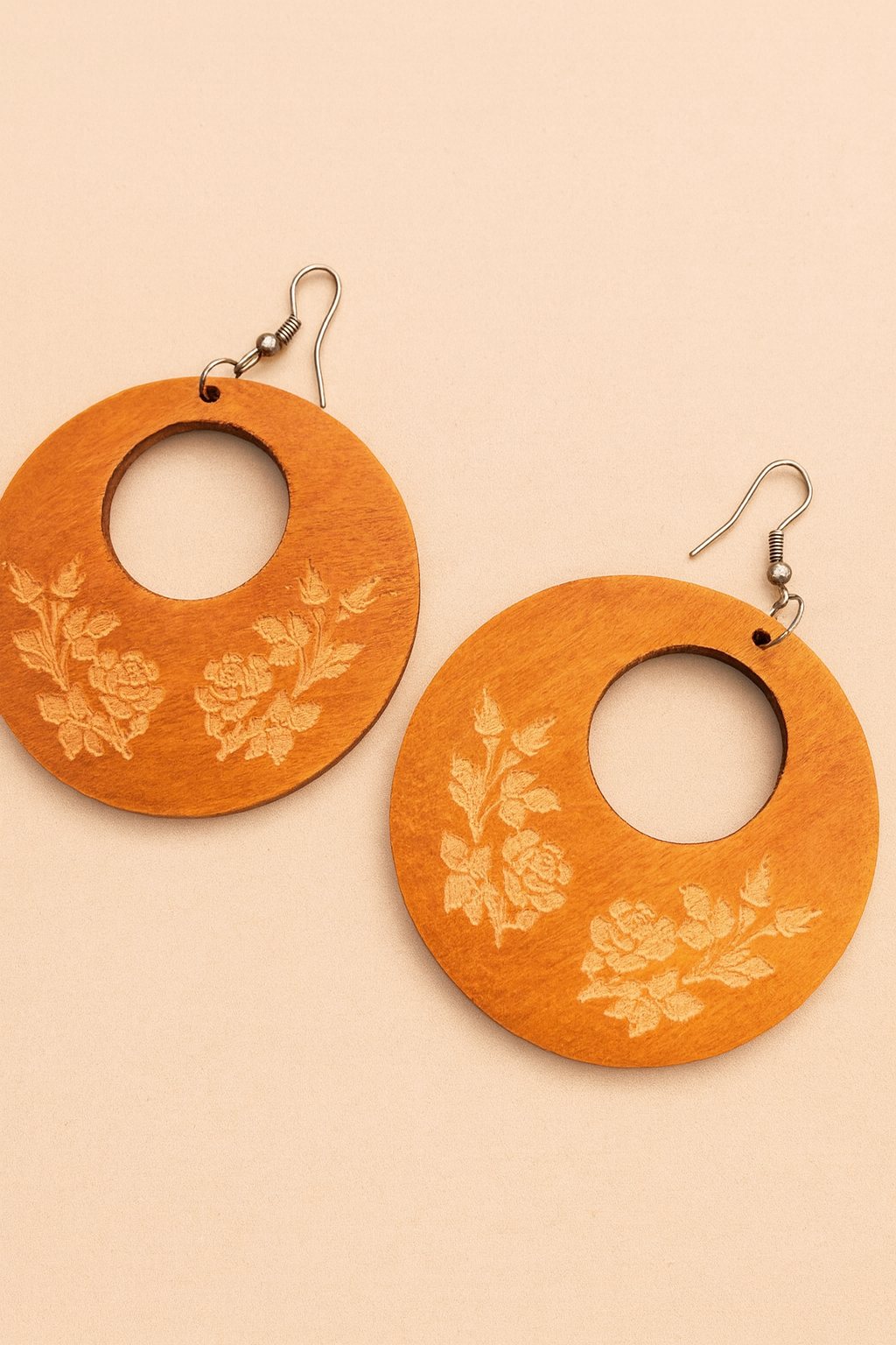 Floral Carved Wooden Hoop Earrings