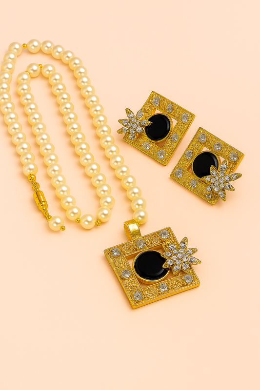 Elegant Black Stone Pearl Necklace & Earrings Set