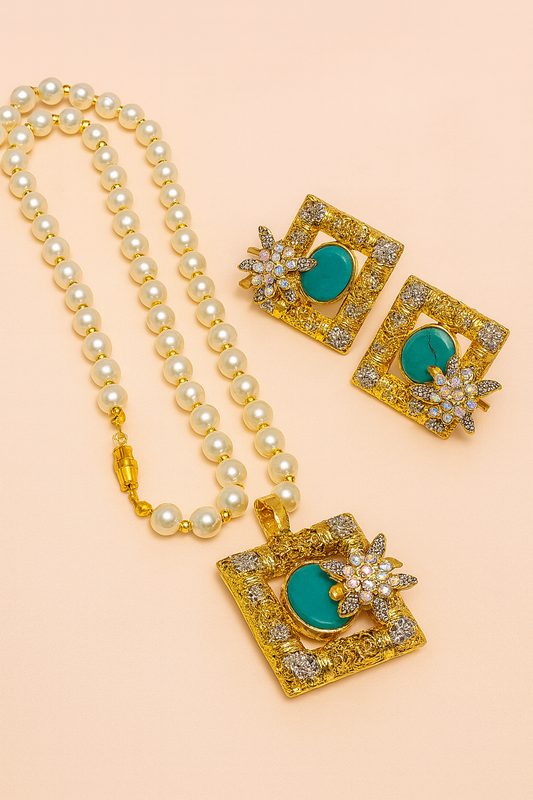 Elegant Black Stone Pearl Necklace & Earrings Set