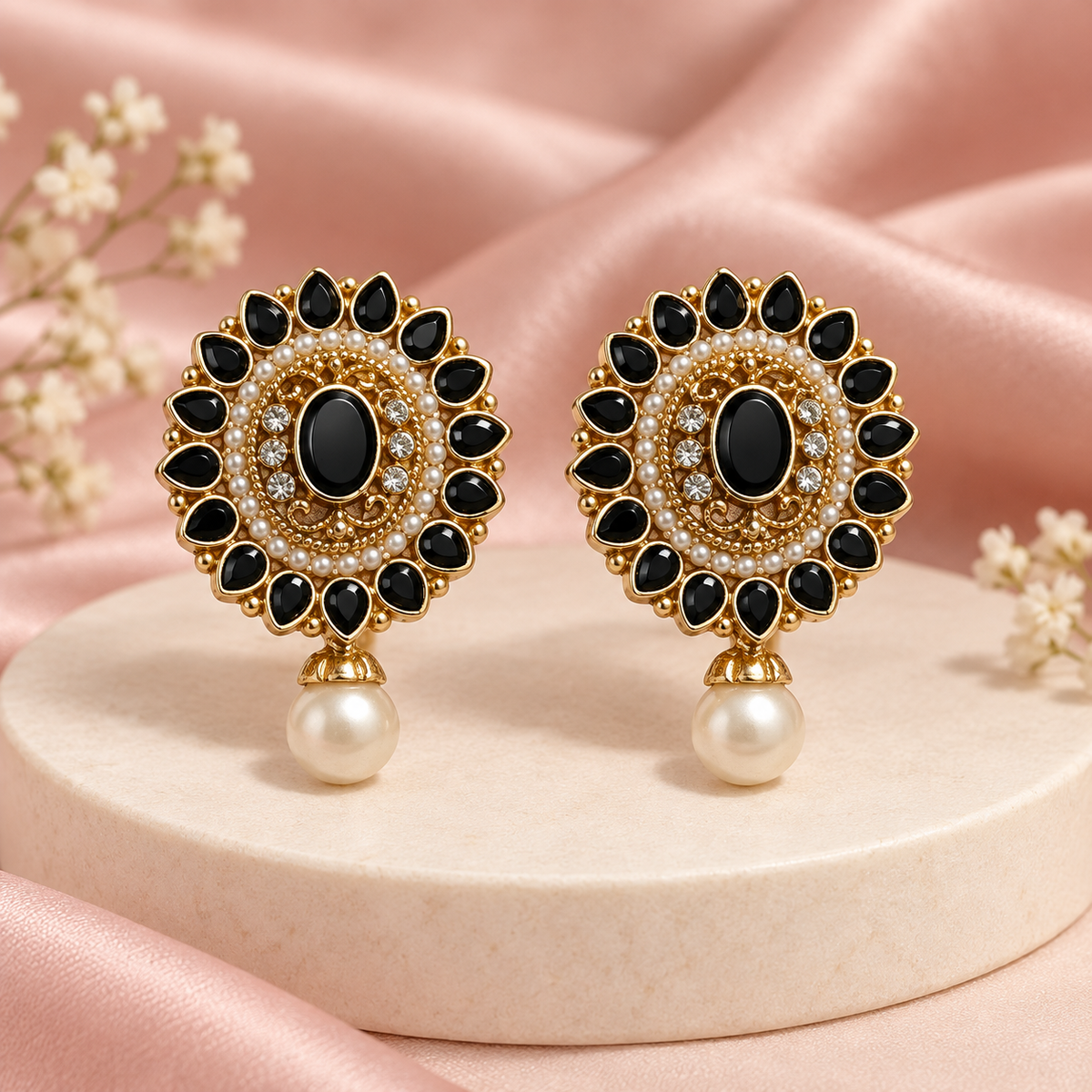 Midnight Bloom Pearl Drop Earrings