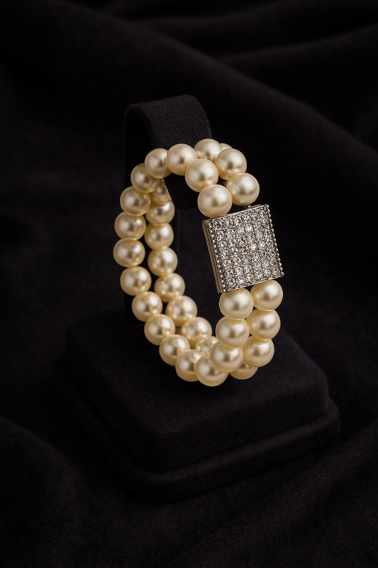 Double Strand Pearl & Diamond Clasp Bracelet